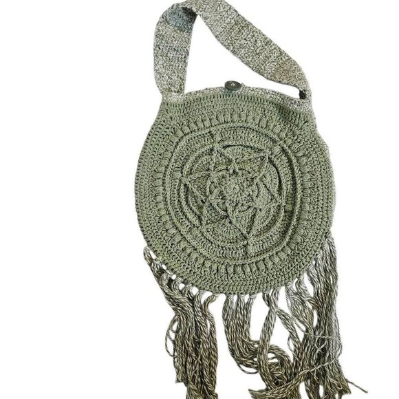 Handmade crocheted sage green boho purse with fringe. - Picture 1 of 3